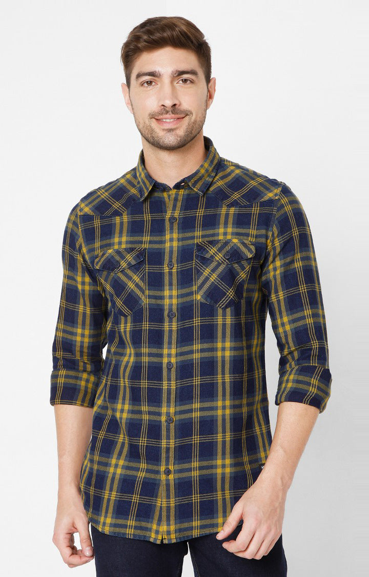 Spykar Yellow Cotton Slim Fit Shirts For Men