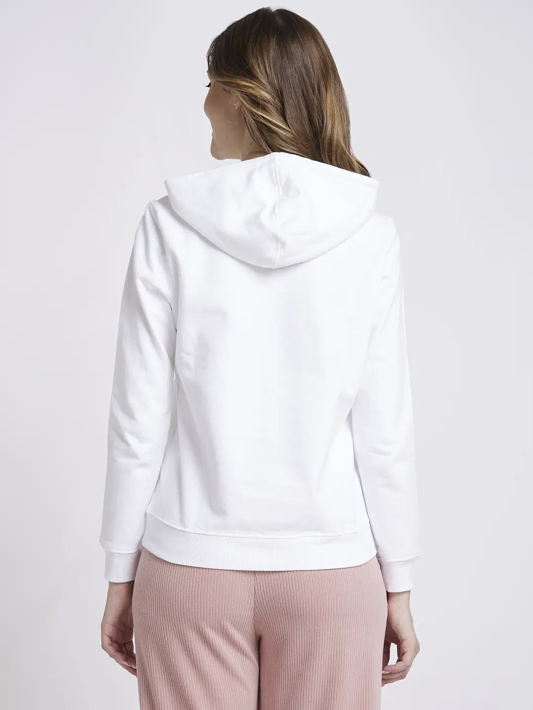 Spykar Women White Blended Regular FIt Hooded Plain Sweatshirt