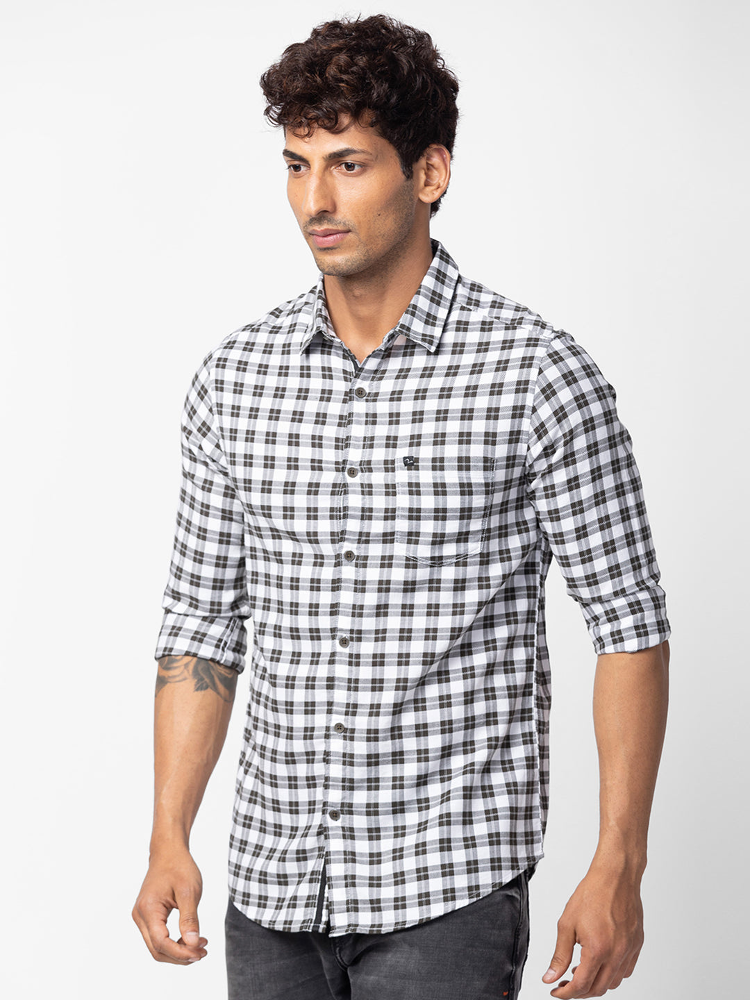 Spykar Men Bottle Green Cotton Slim Fit Checkered Shirt