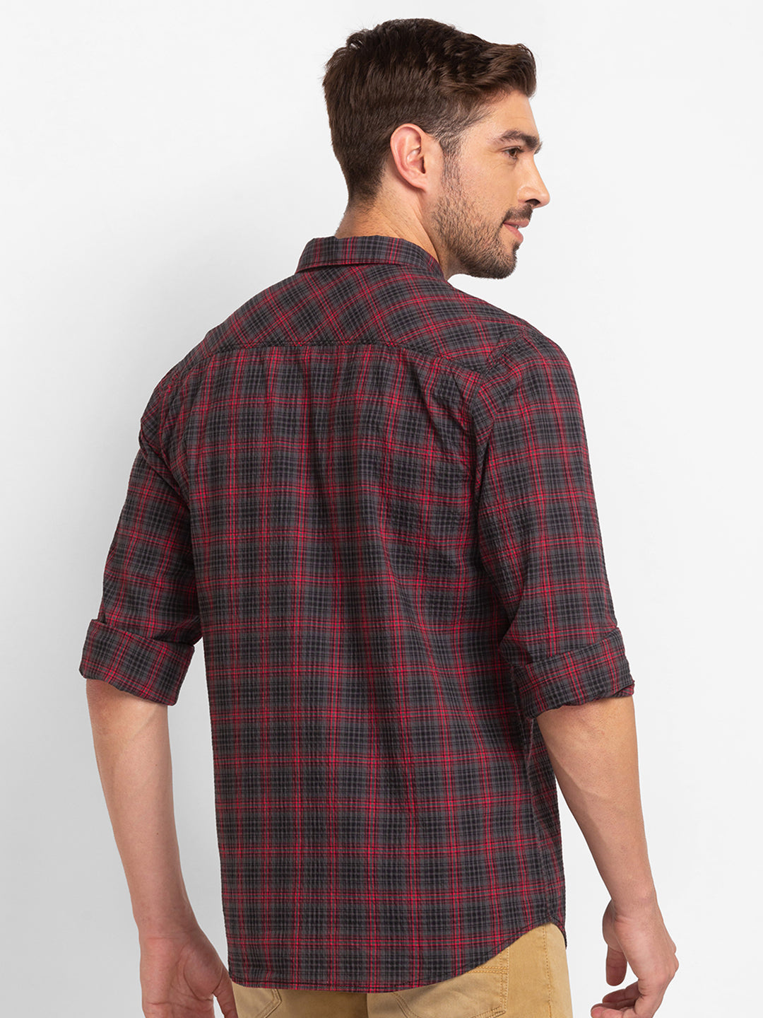 Spykar Dark Grey Cotton Full Sleeve Checks Shirt For Men