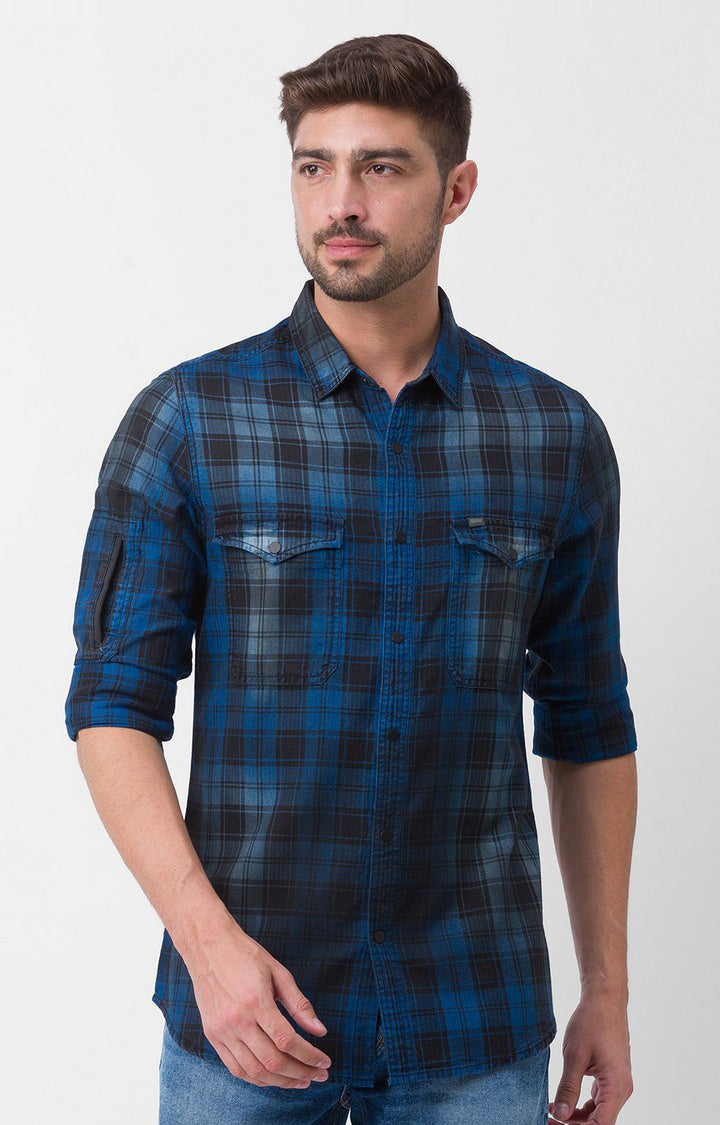 Spykar Indigo Blue Cotton Full Sleeve Checks Shirt For Men