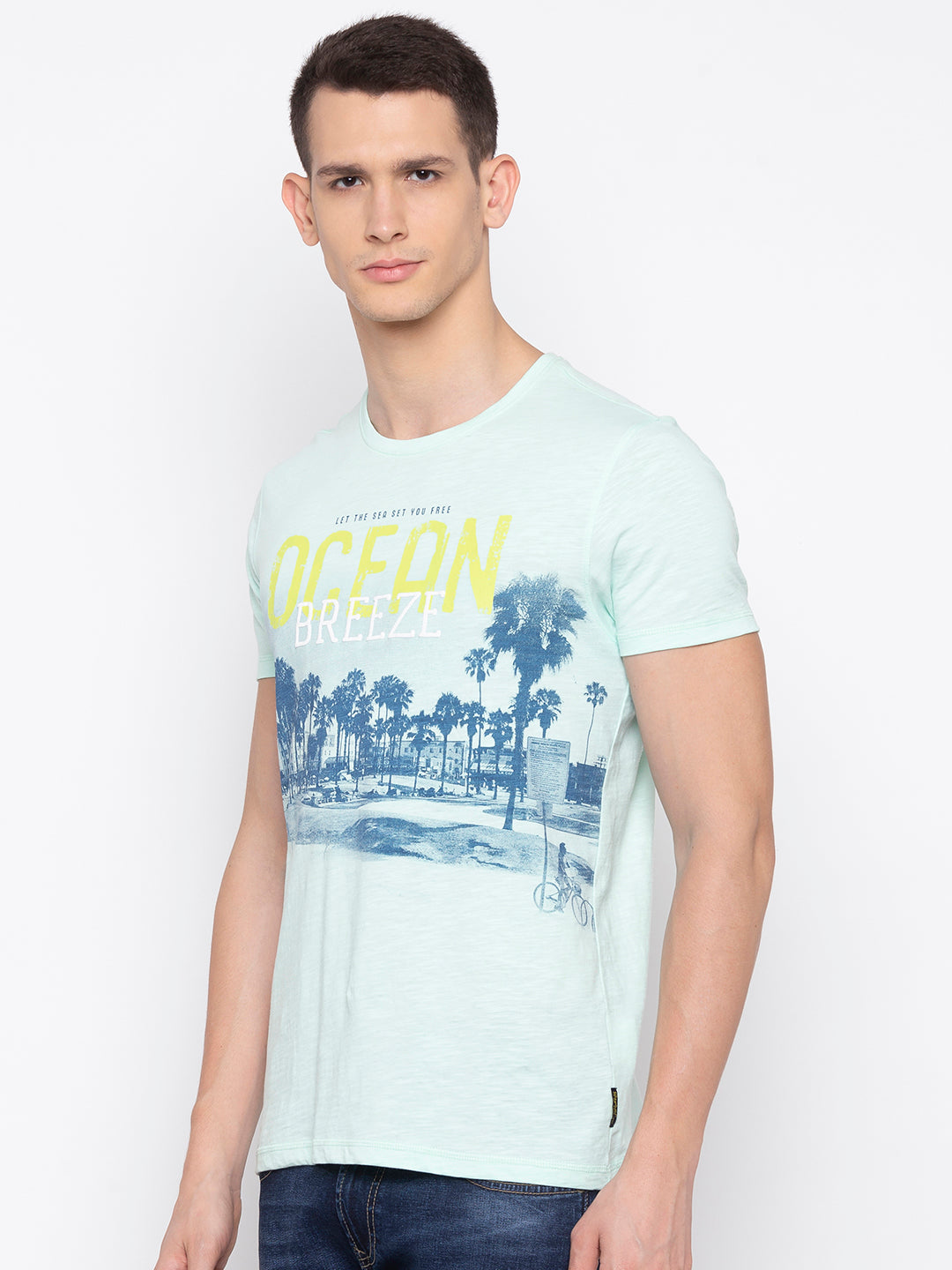 Spykar Men Aqua Printed Slim Fit T-Shirt