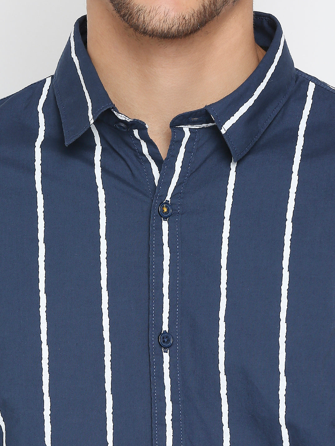 Spykar Navy Blue Cotton Full Sleeve Stripes Shirt For Men