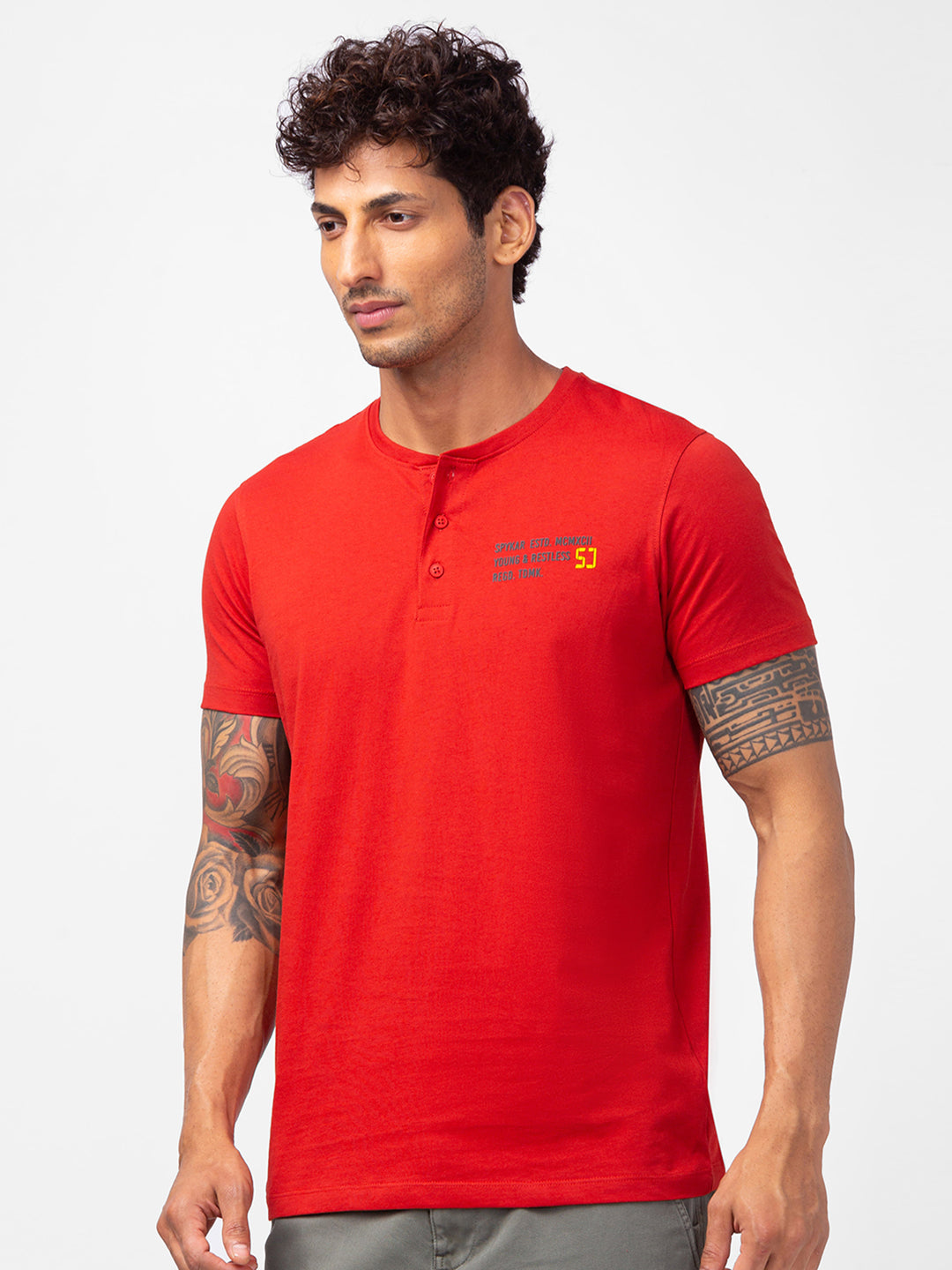 Spykar Men Burnt Orange Cotton Slim Fit Henley Neck Plain T-Shirt