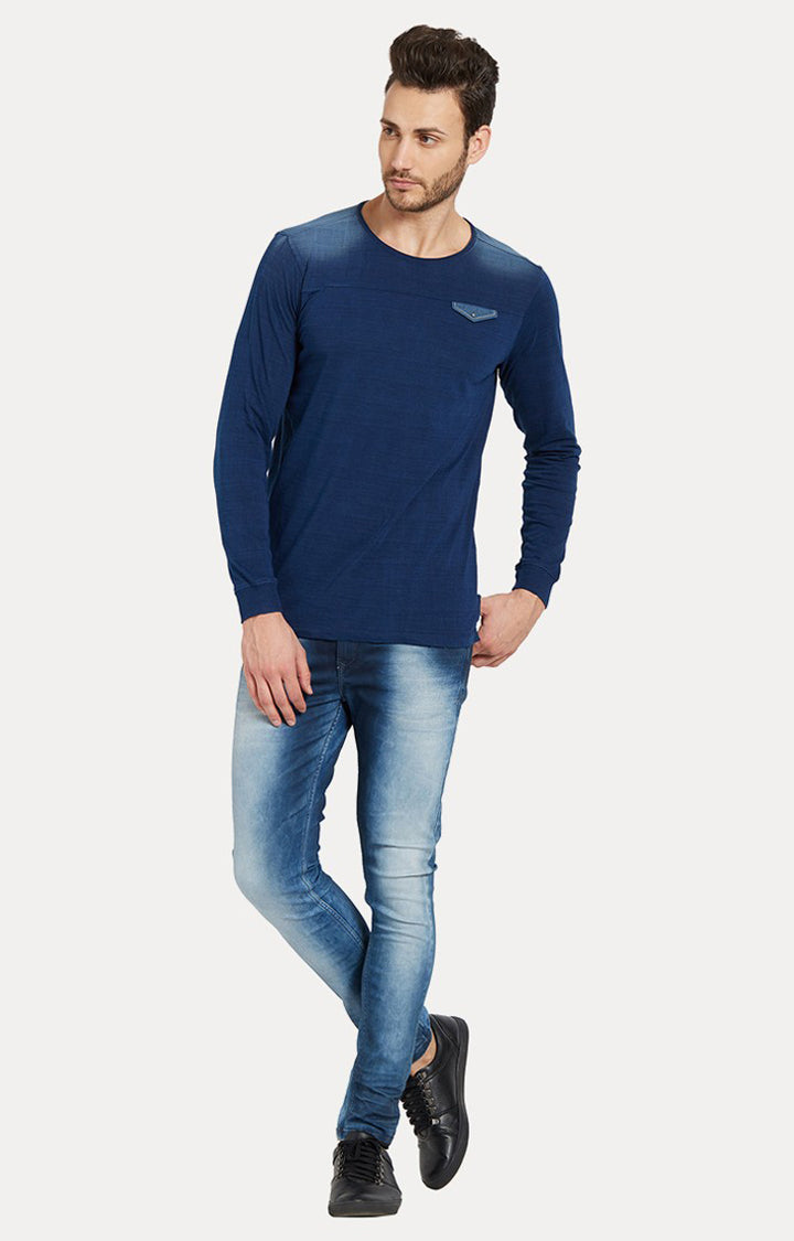 Spykar Blue Solid Slim Fit Men T-Shirts