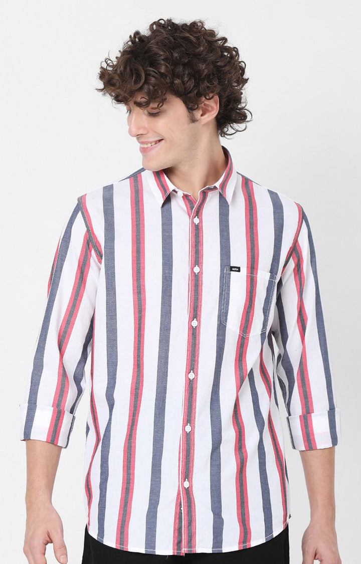 Spykar Slim Fit White Striped Full Sleeve Shirts For Men