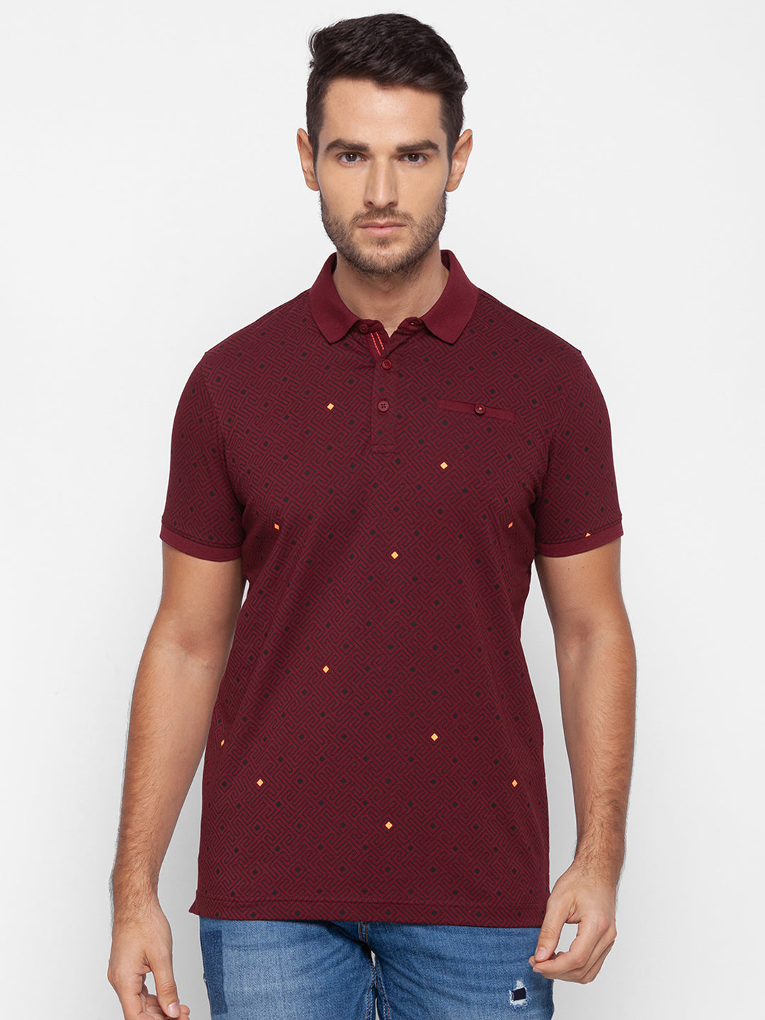 Spykar Men Red Cotton Slim Fit Polo T-Shirt