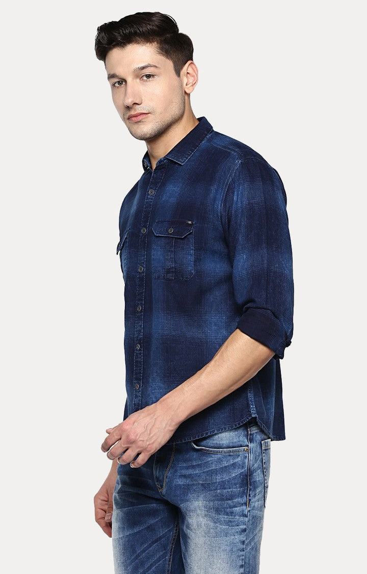 Spykar Men'S Blue Cotton Checked Casual Shirts