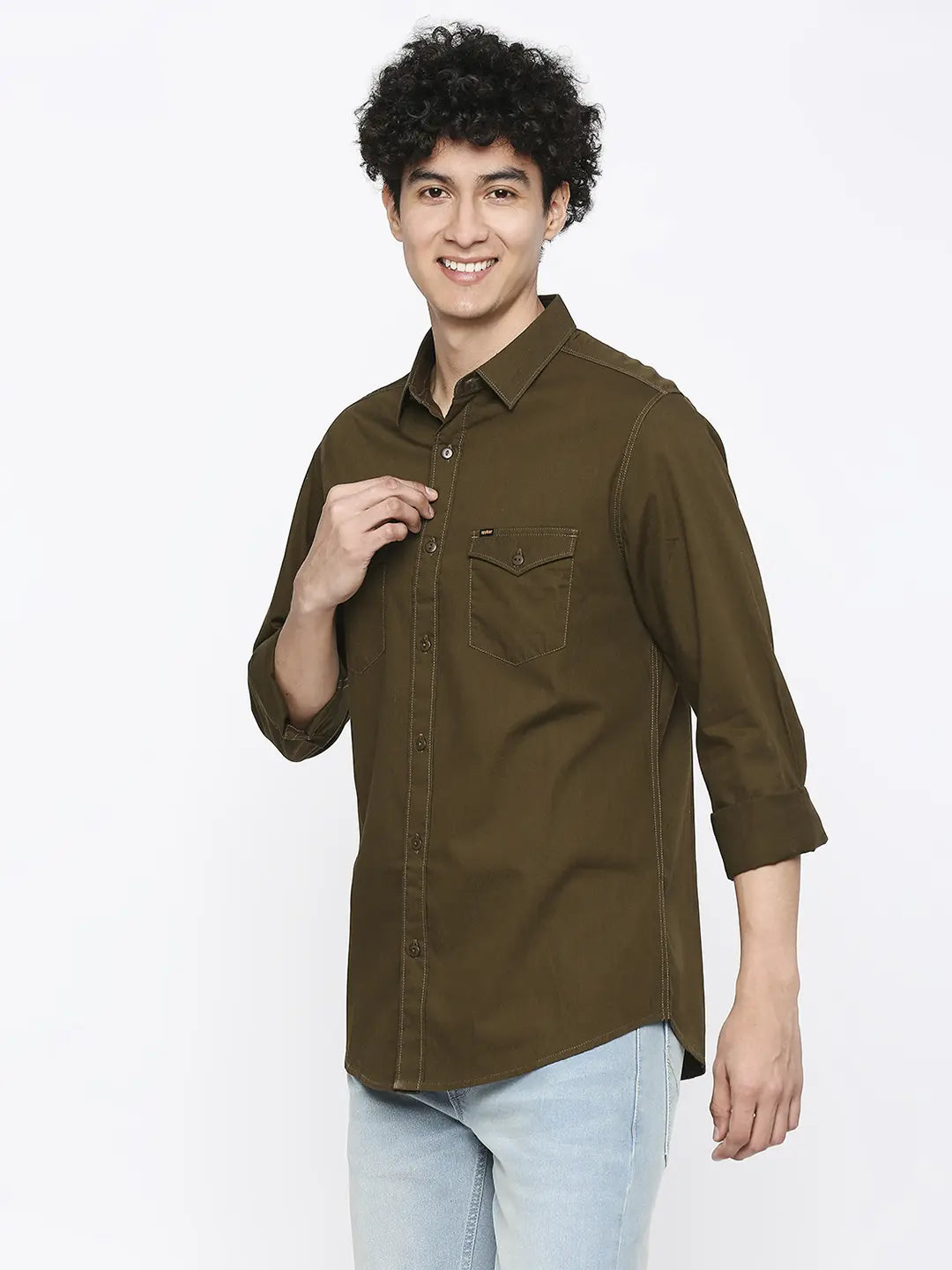 Spykar Men Military Green Cotton Slim Fit Plain Shirt