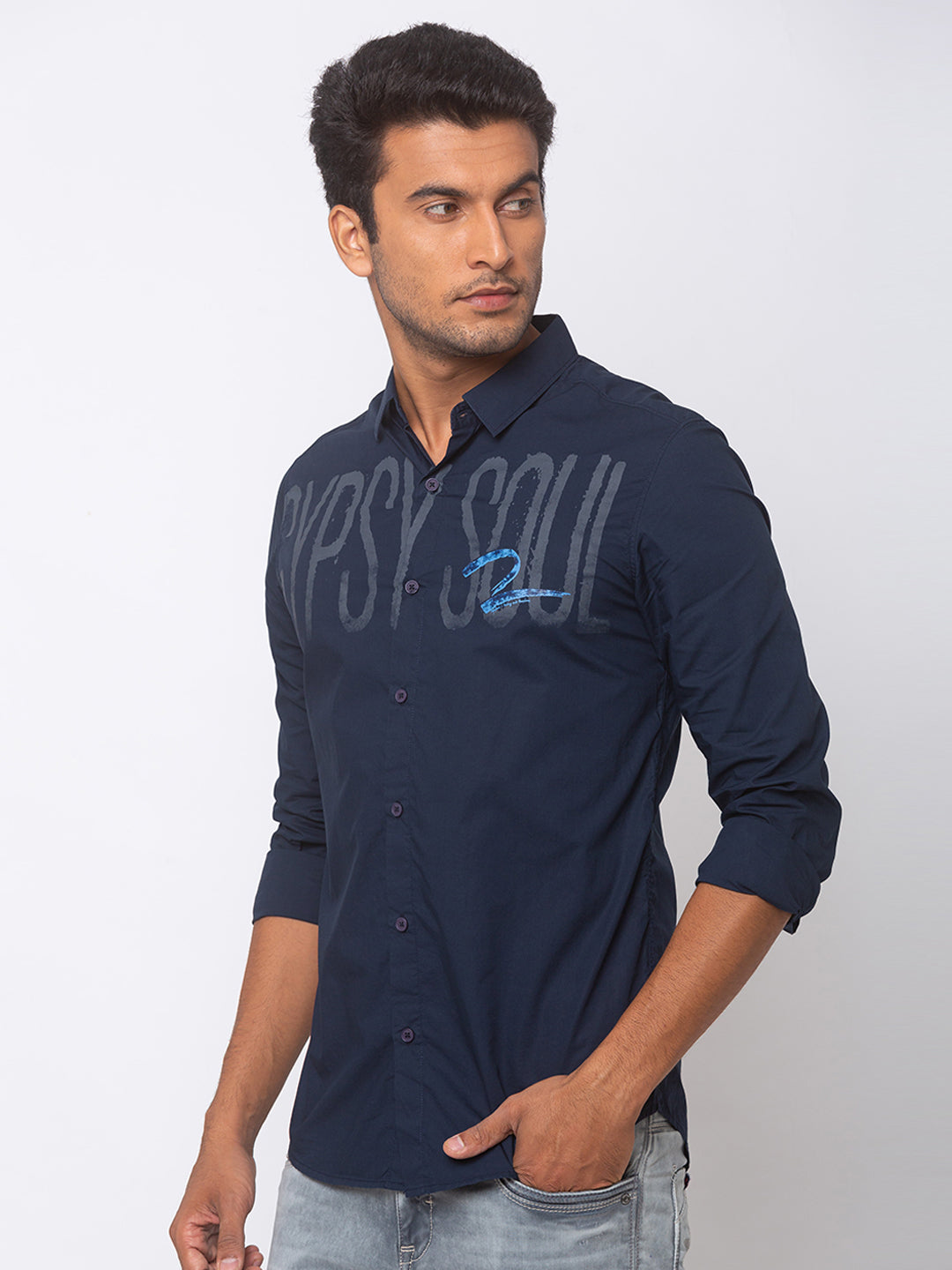 Spykar Men Navy Blue Cotton Slim Fit Shirt