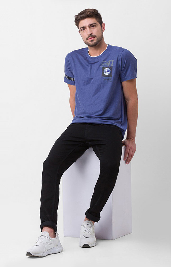 Spykar Denim Blue Cotton Half Sleeve Printed Casual T-Shirt For Men -  mkt02bbft077denimblue