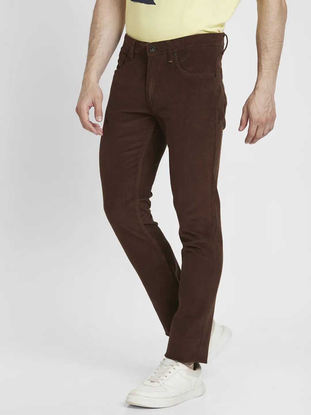 Spykar Men Brown Cotton Slim Fit Mid Rise Trousers