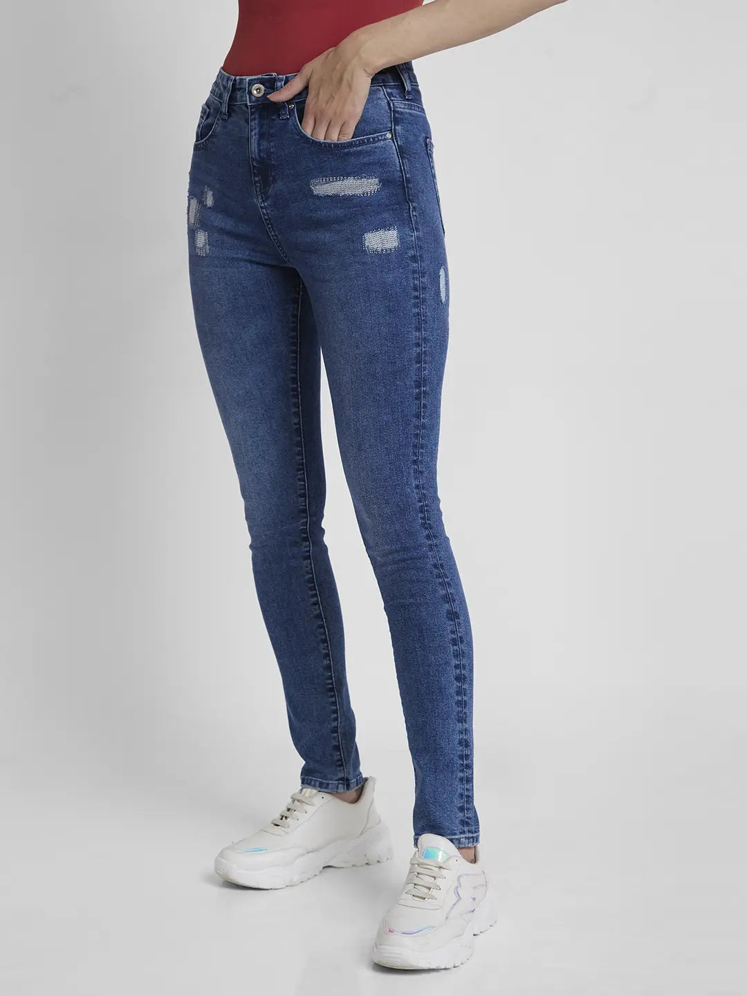 Spykar Women Mid Blue Lycra Skinny Fit Regular Length Mild Distressed Jeans -(Adora)