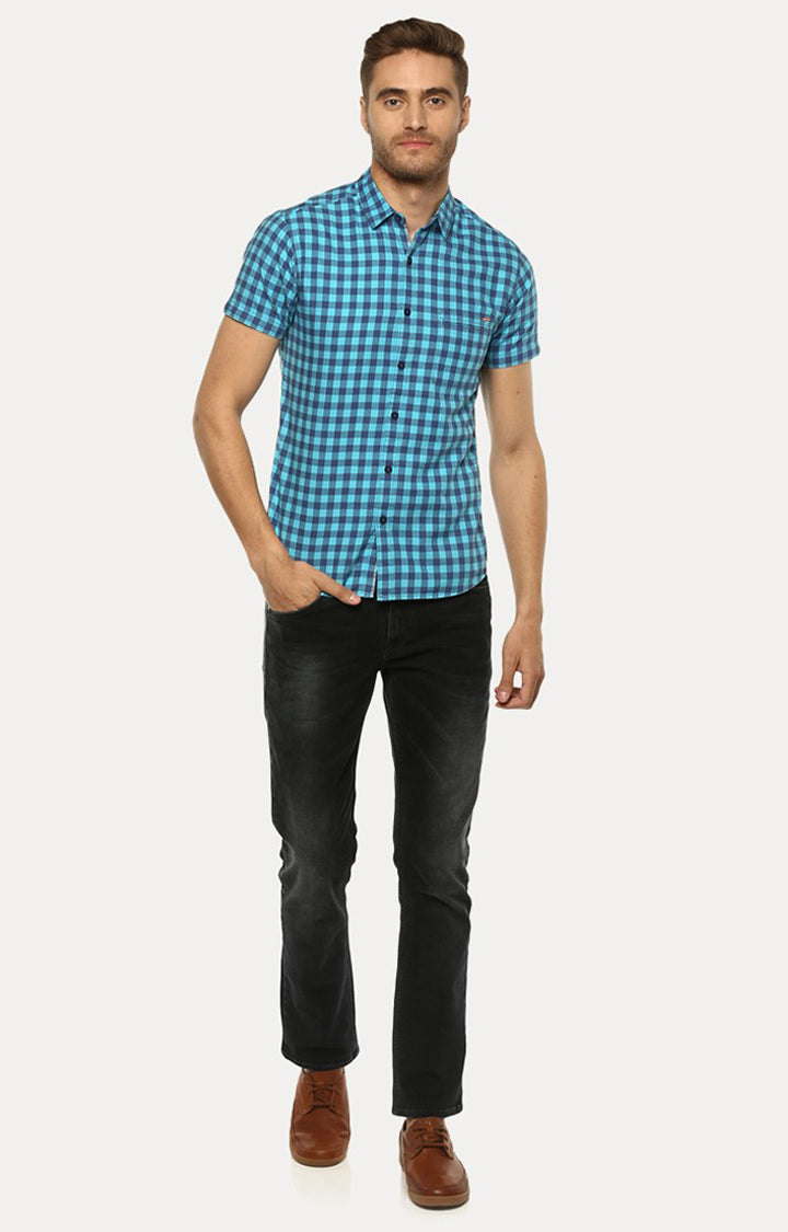 Spykar Men'S Blue Cotton Checked Casual Shirts