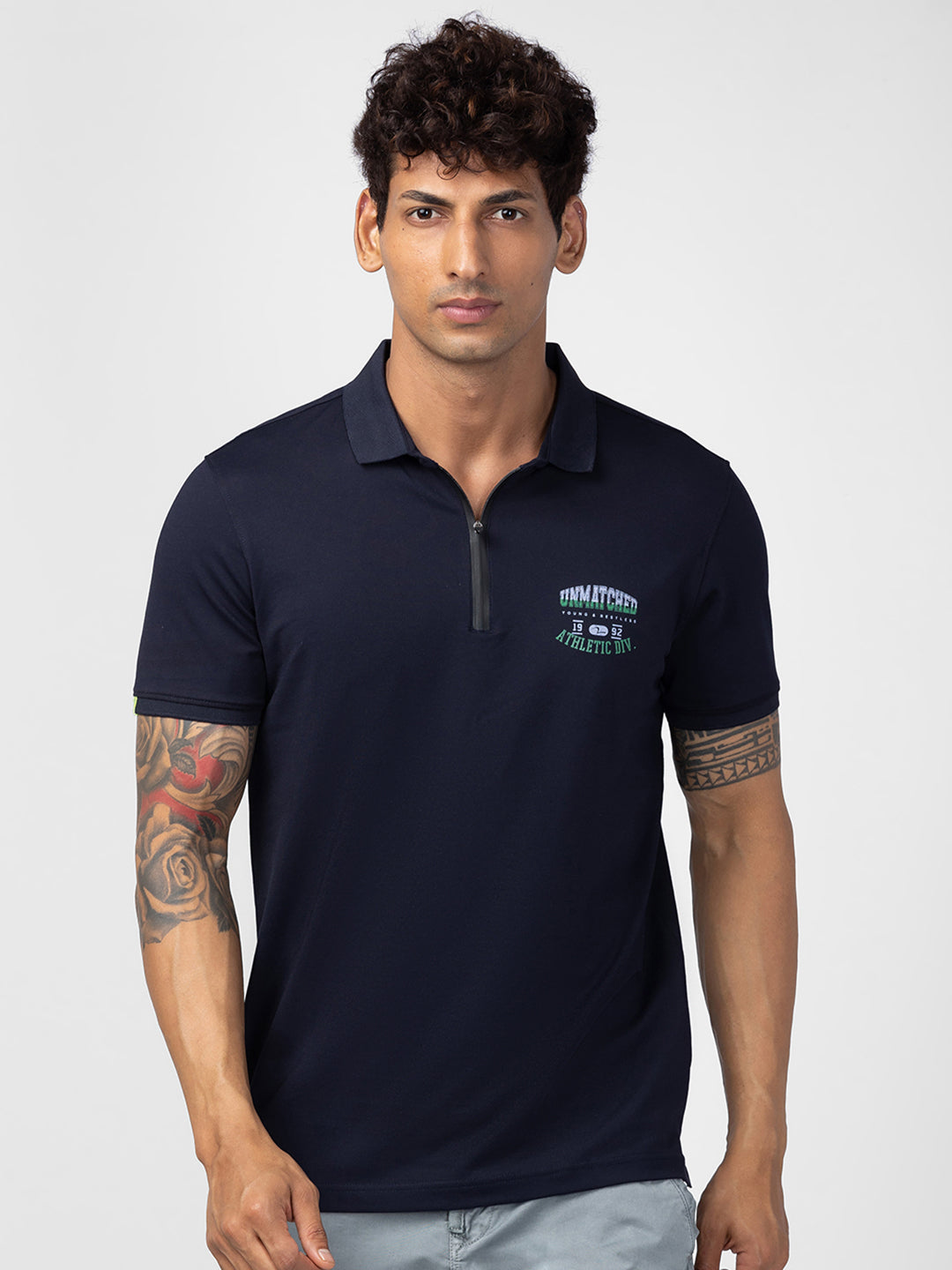 Spykar Men Navy Blue Cotton Regular Fit Half Sleeve Plain Polo T-Shirt