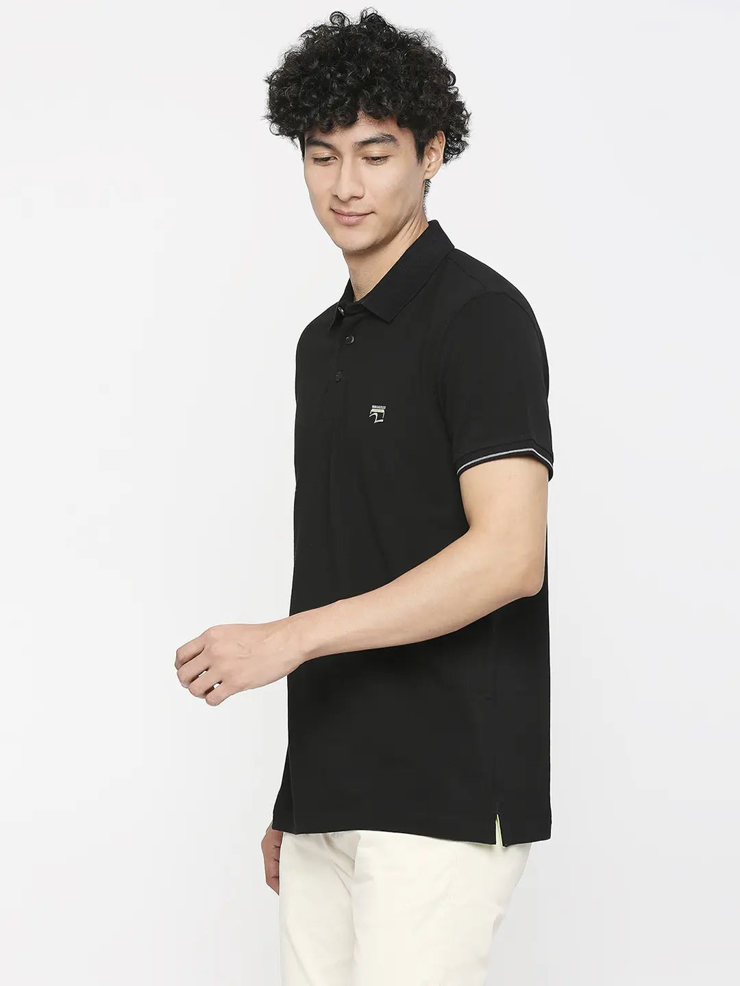 Spykar Men Black Cotton Slim Fit Plain Polo Neck Tshirt