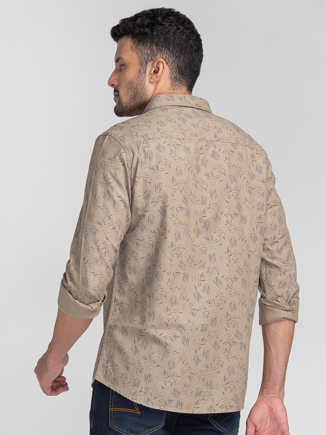 Spykar Men Beige Cotton Slim Fit Printed Shirts