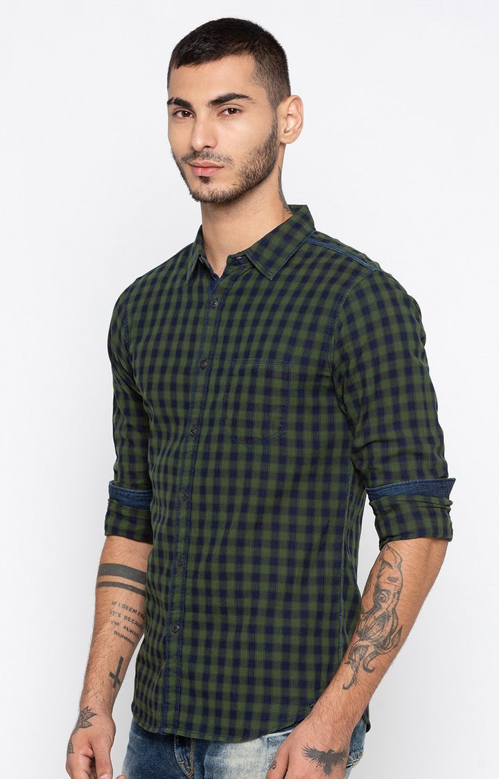 Spykar Men'S Green Cotton Checked Casual Shirts