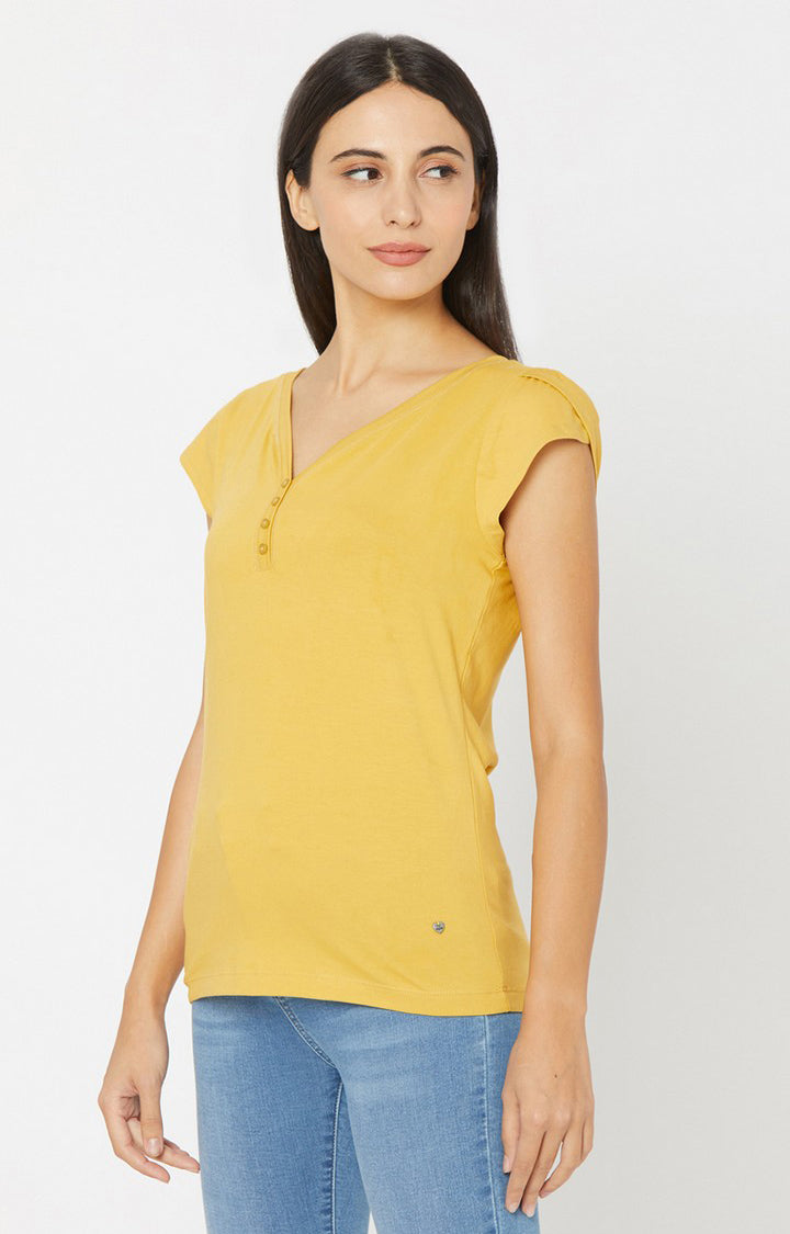 Spykar Women Yellow Cotton Regular Round Neck T-Shirts