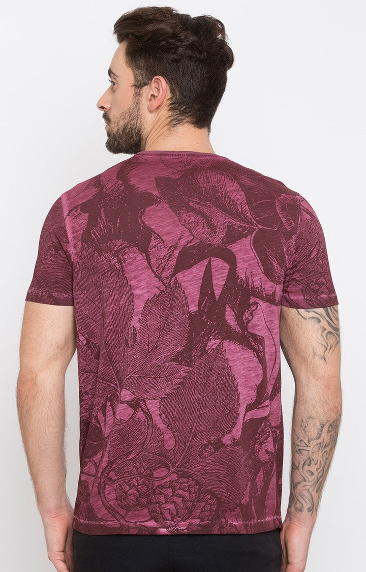 Spykar Wine Printed Slim Fit Men T-Shirts