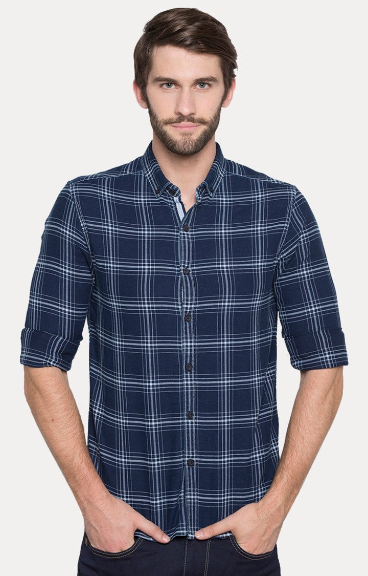 Spykar Blue Cotton Slim Fit Shirts For Men