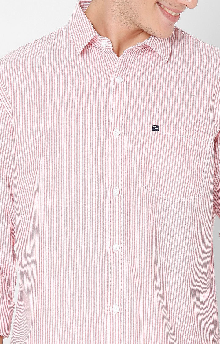 Spykar Slim Fit Red Striped Full Sleeve Shirts For Men