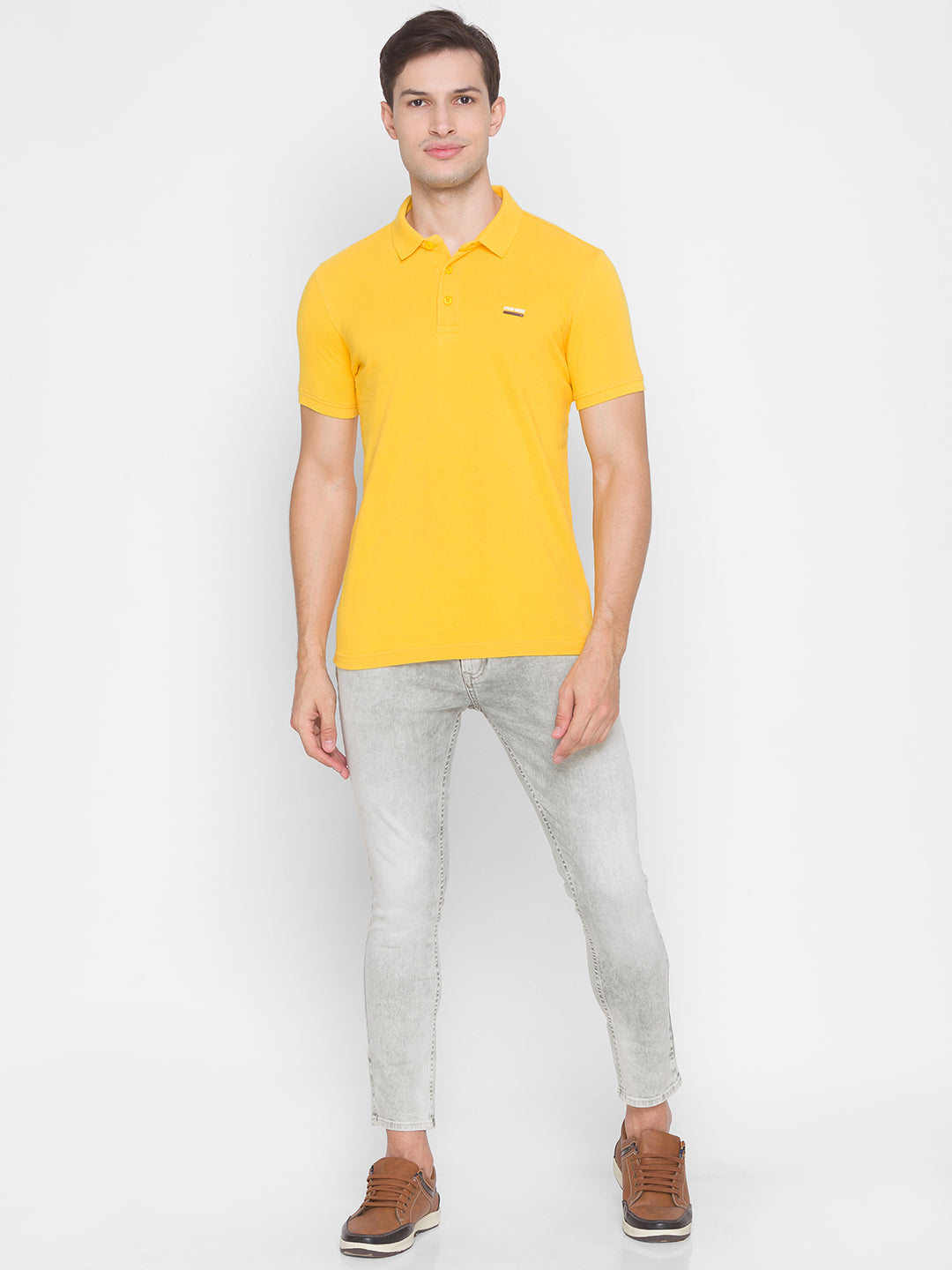 Spykar Men Yellow Cotton Slim Fit Round Neck Polo T-Shirt