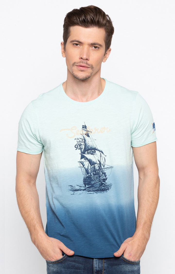 Spykar Powder Blue Printed Slim Fit Men T-Shirts