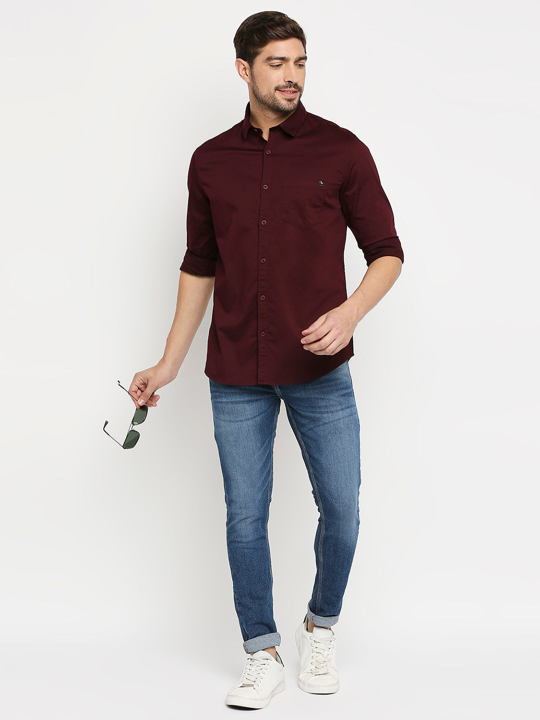 Spykar Men Maroon Cotton Regular Fit Full Sleeve Casual Shirt