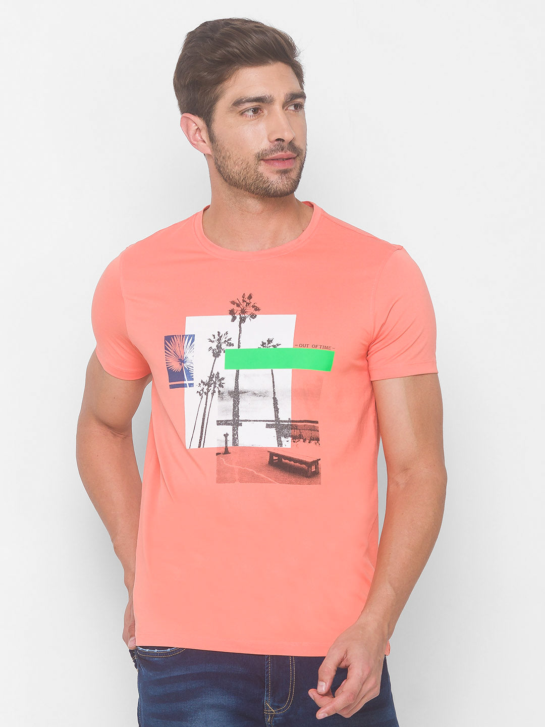 Spykar Men Pink Cotton Slim Fit Round Neck T-Shirt