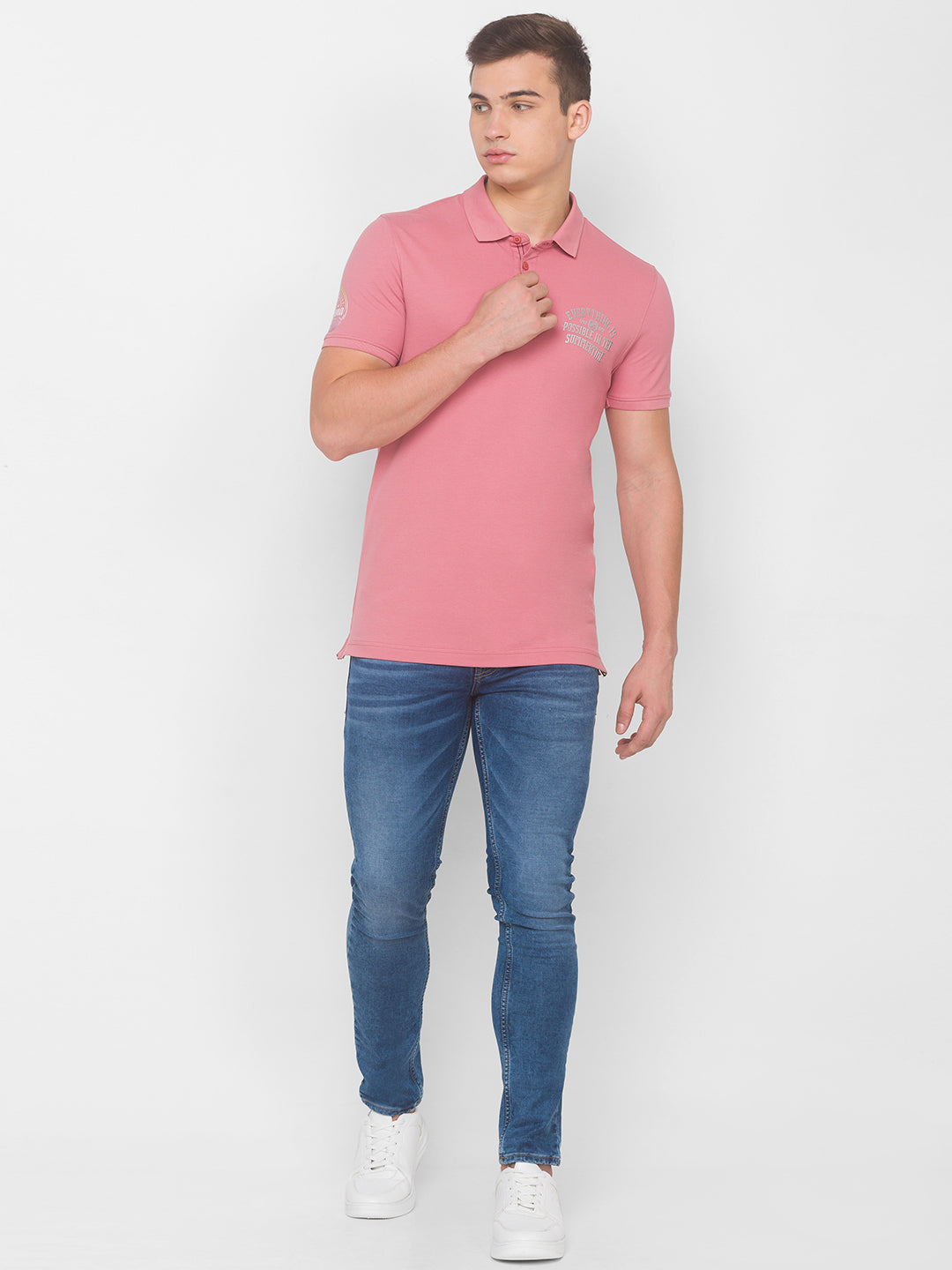 Spykar Men Dusty Pink Blended T-Shirt (Slim)