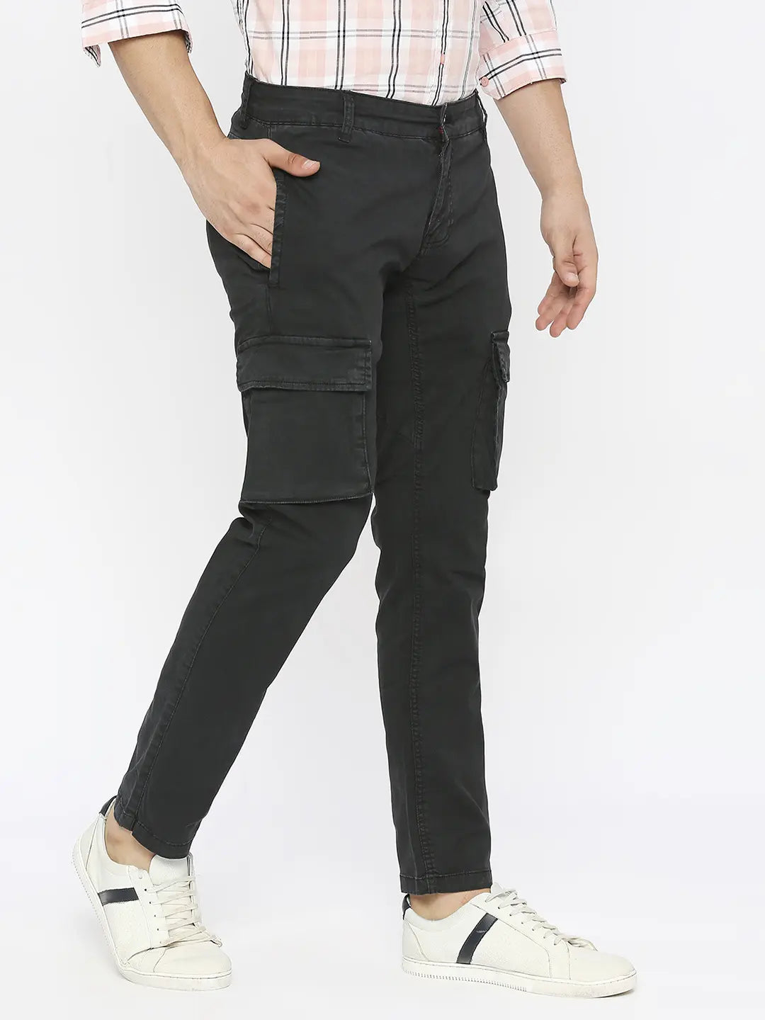 Buy Online Spykar Men Black Lycra Slim Fit Ankle Length Plain Trousers