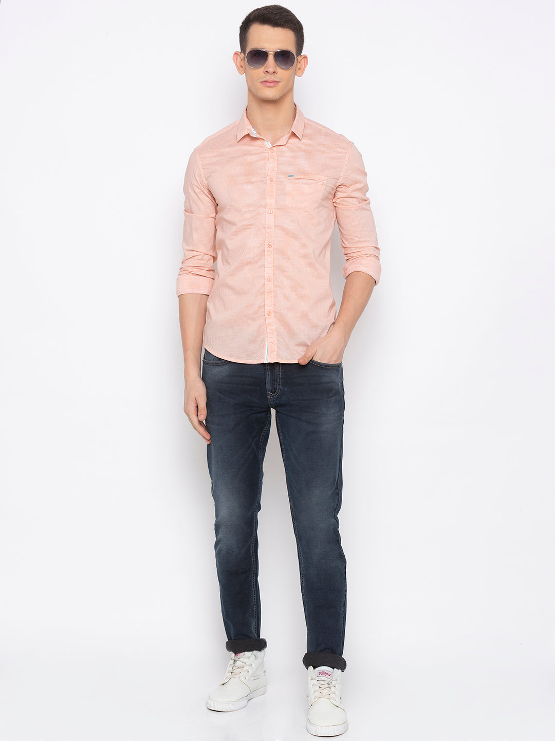 Spykar Men Peach Striped Slim Fit Casual Shirt