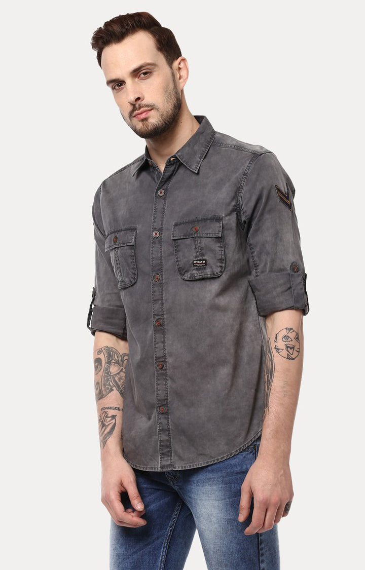 Spykar Men'S Grey Cotton Solid Casual Shirts