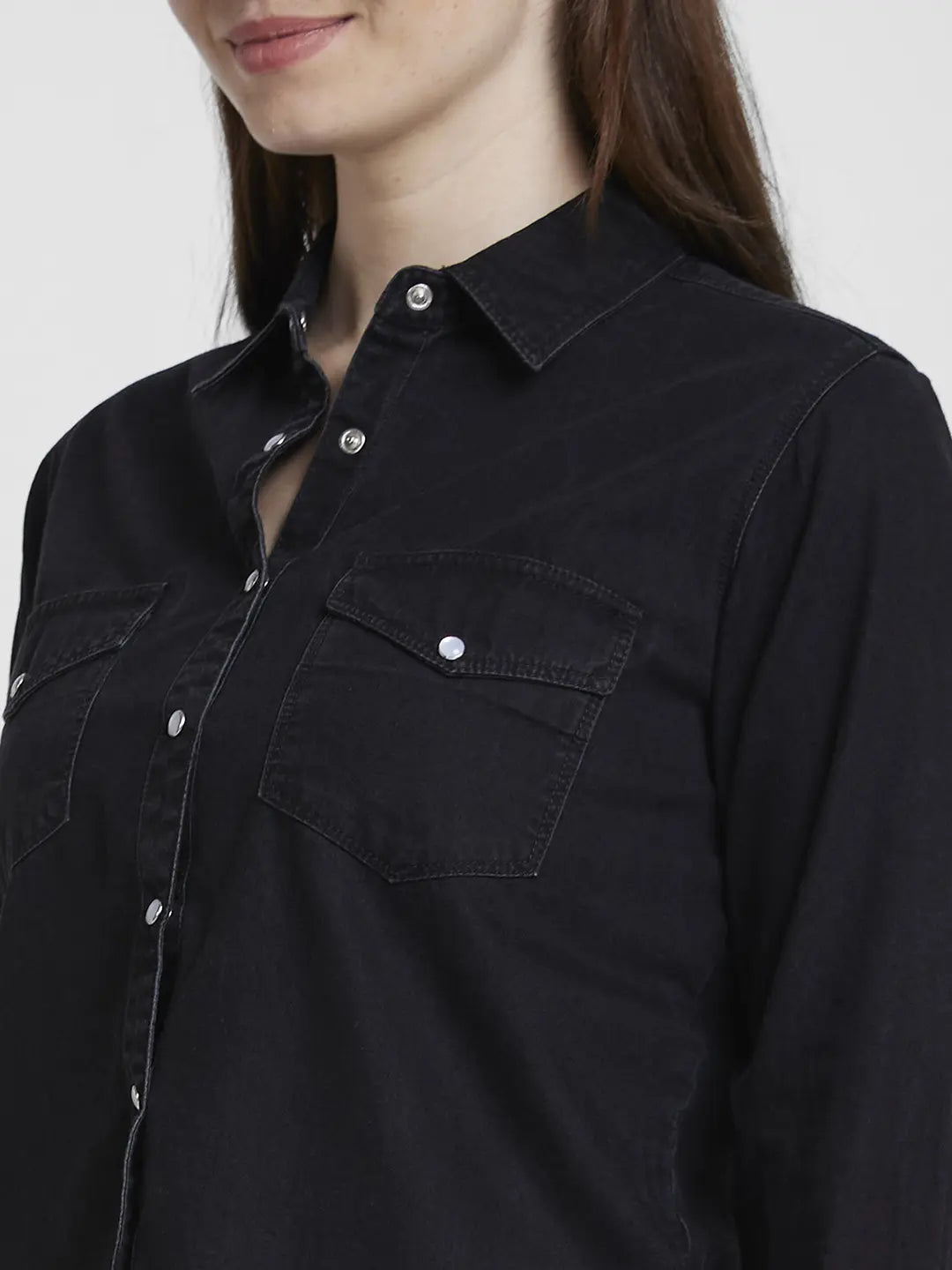 Spykar Women Black Cotton Regular Fit Full Sleeve Plain Shirt