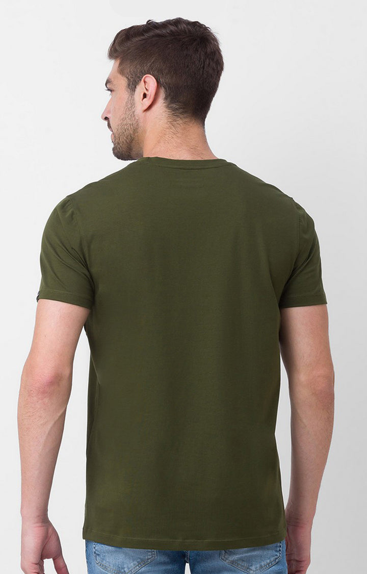 Spykar Rifle Green Cotton Half Sleeve Printed Casual T-Shirt For Men