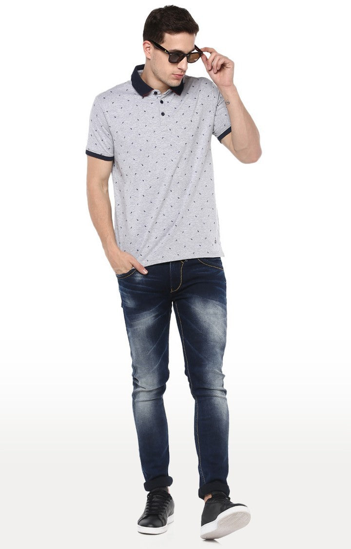 Spykar Grey Printed Slim Fit Polo T-Shirt