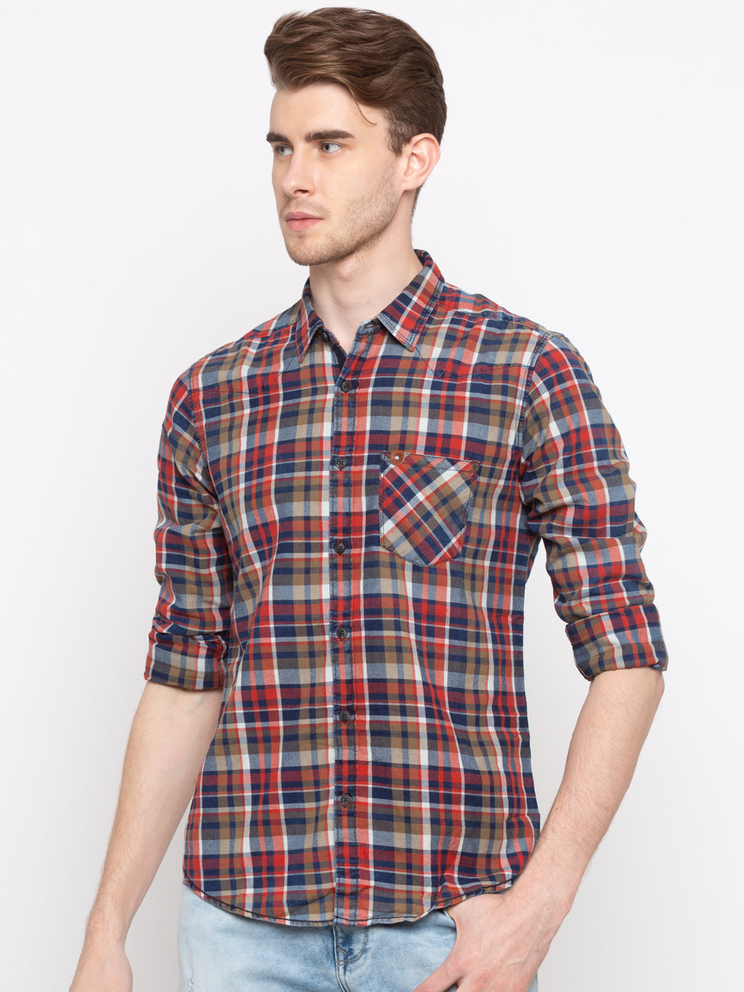 Spykar Men Navy & Olive Checked Slim Fit Casual Shirt