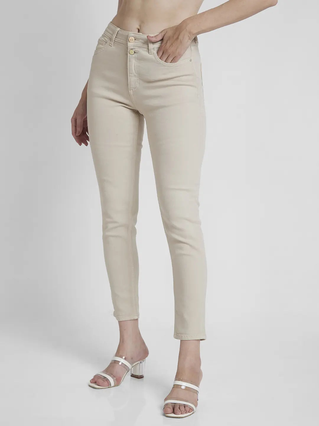 Spykar Women Beige Cotton Mom Fit Ankle Length Clean look Jeans -(Amora)