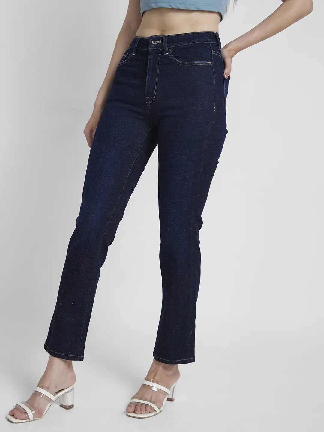 Spykar Women Dark Blue Lycra Slim Straigth Fit Ankle Length Clean Look Jeans -(Emma)