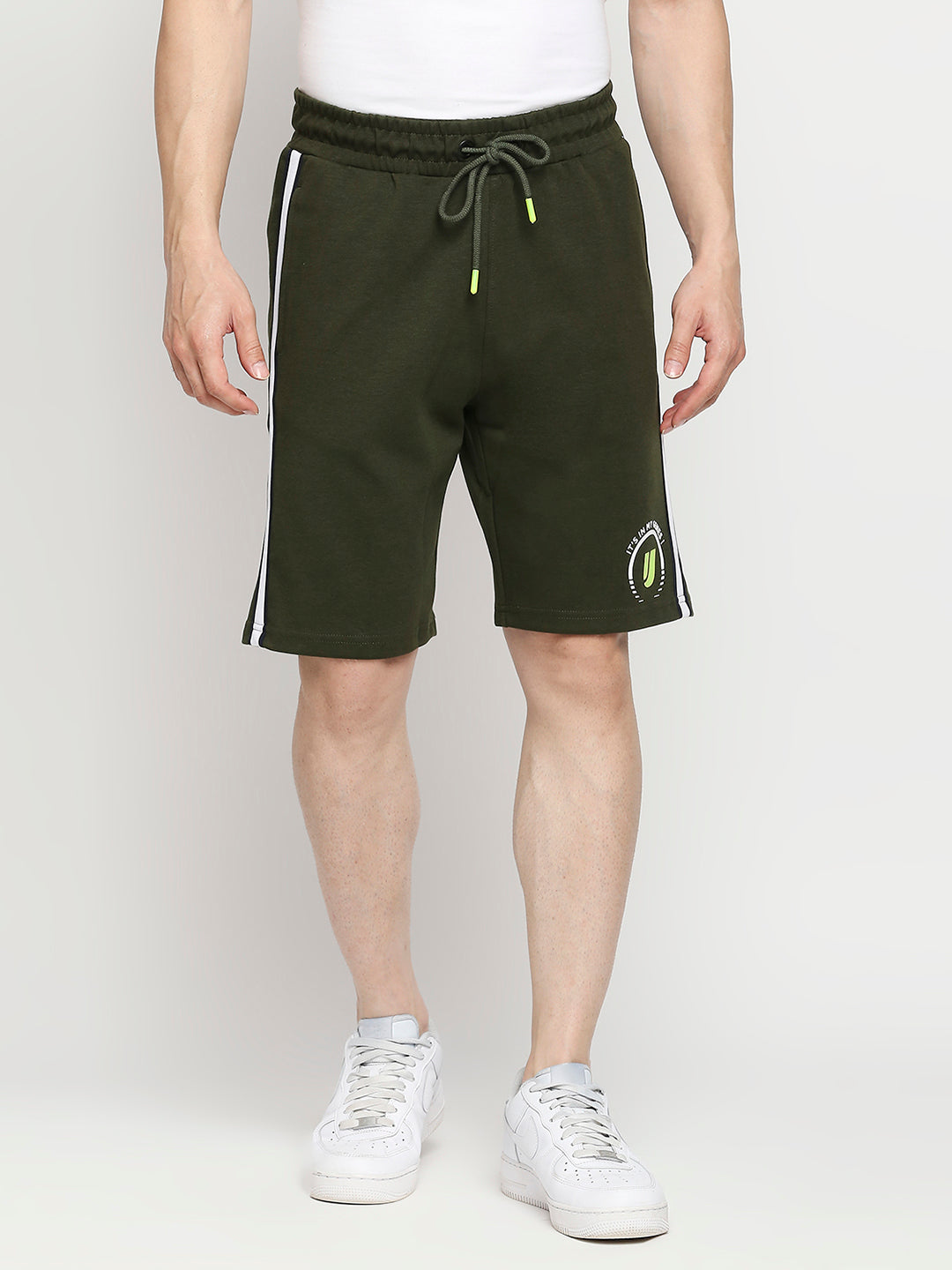 Men Cotton Blend Knitted Rifle Green Shorts- Underjeans by Spykar