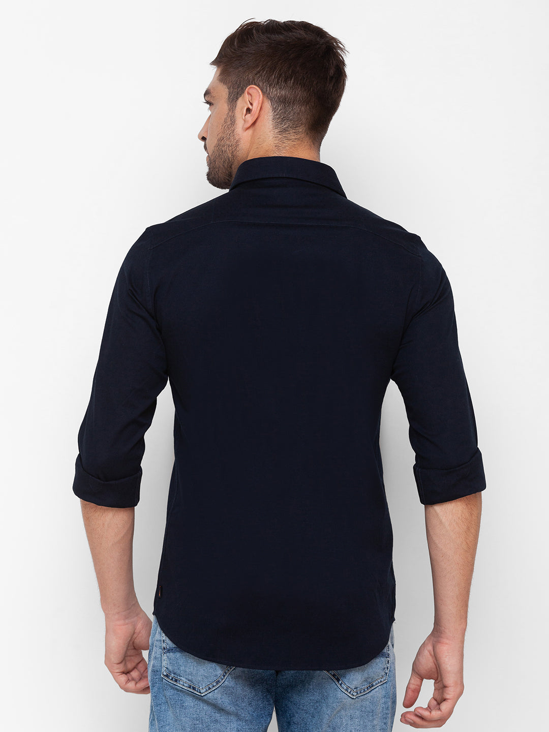 Spykar Navy Blue Cotton Full Sleeve Plain Shirt For Men