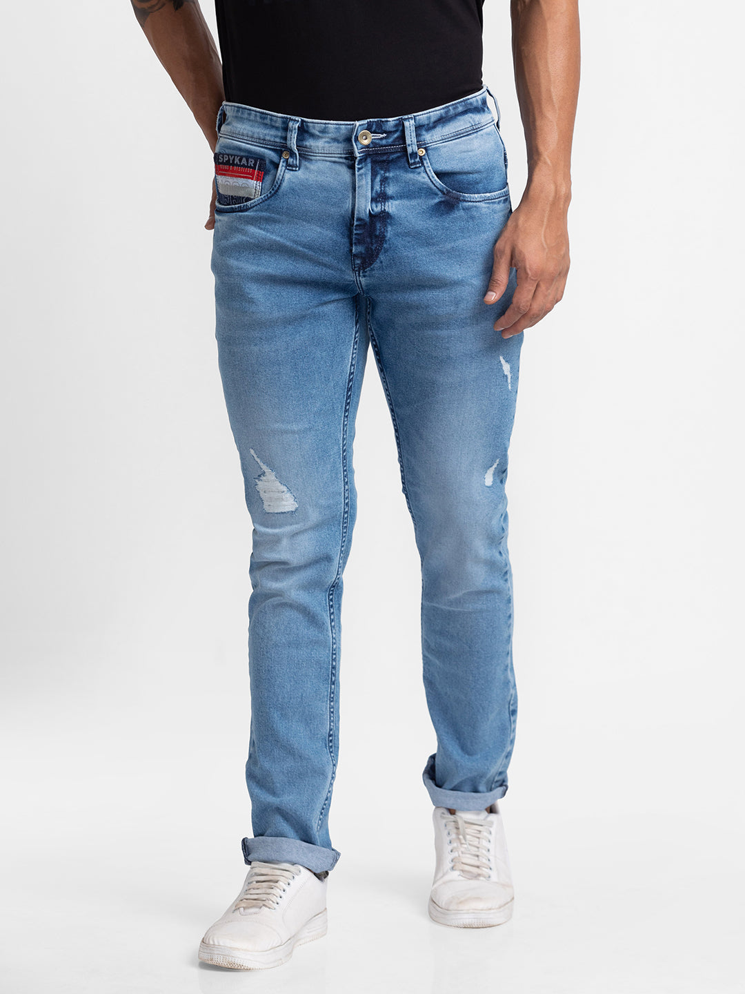 Spykar Light Blue Cotton Regular Fit Narrow Length Jeans For Men (Rover)