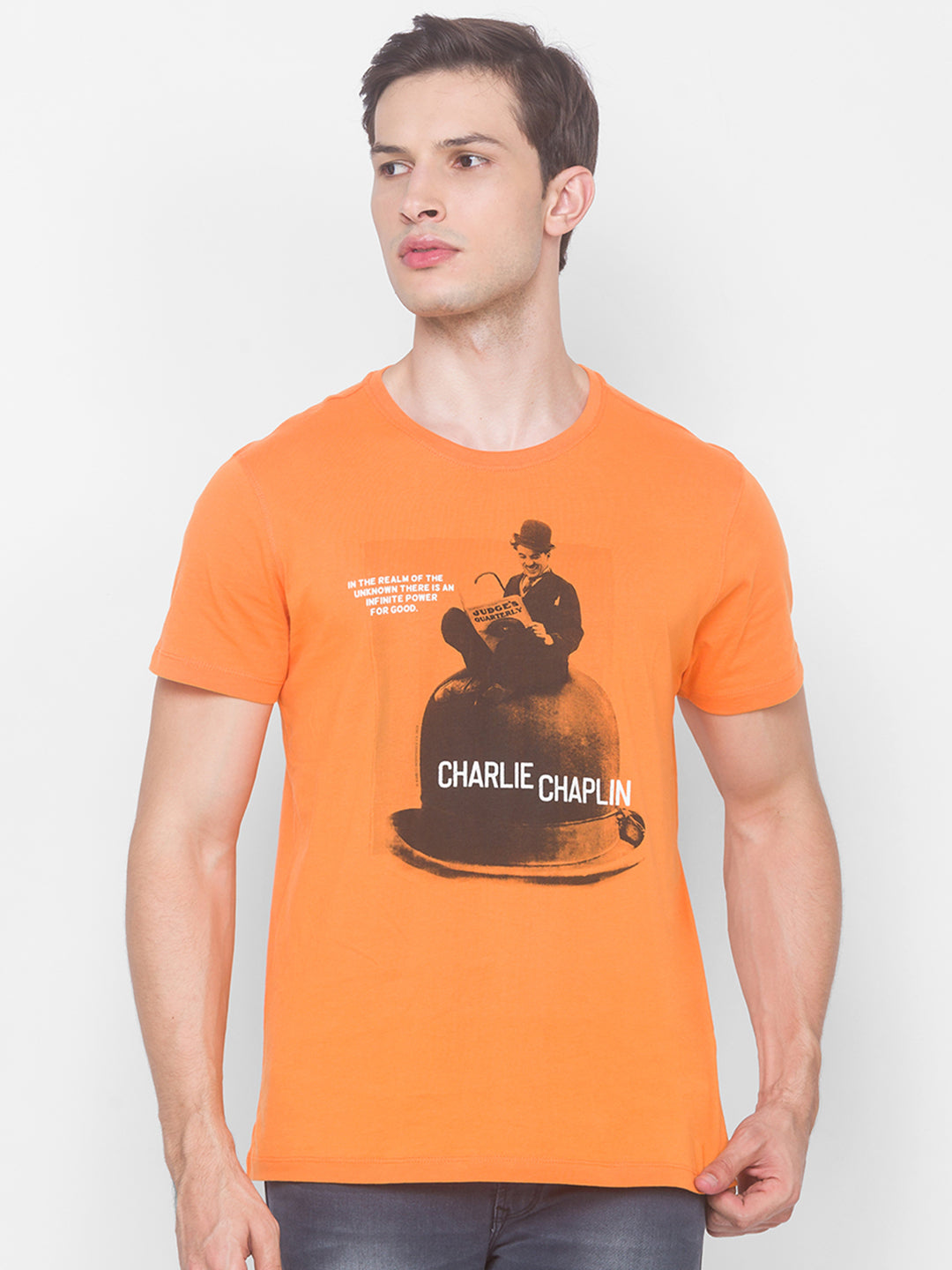 Charlie Chaplin Spykar Men Orange Cotton Slim Fit Round Neck T-Shirt