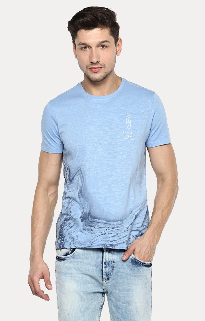 Spykar Blue Printed Slim Fit Men T-Shirts