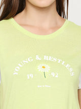 Spykar Women Pea Green Cotton Regular fit Round Neck Printed T-Shirts