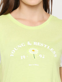 Spykar Women Pea Green Cotton Regular fit Round Neck Printed T-Shirts