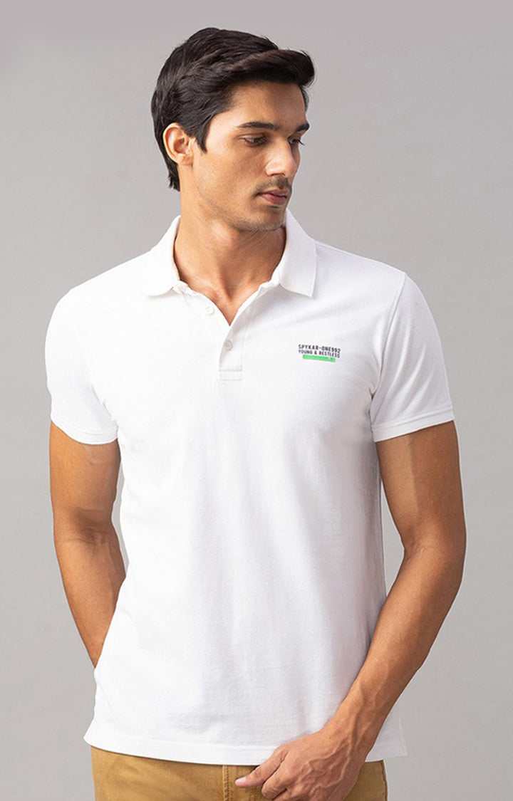 Spykar White Cotton Slim Fit Polo T-Shirt For Men