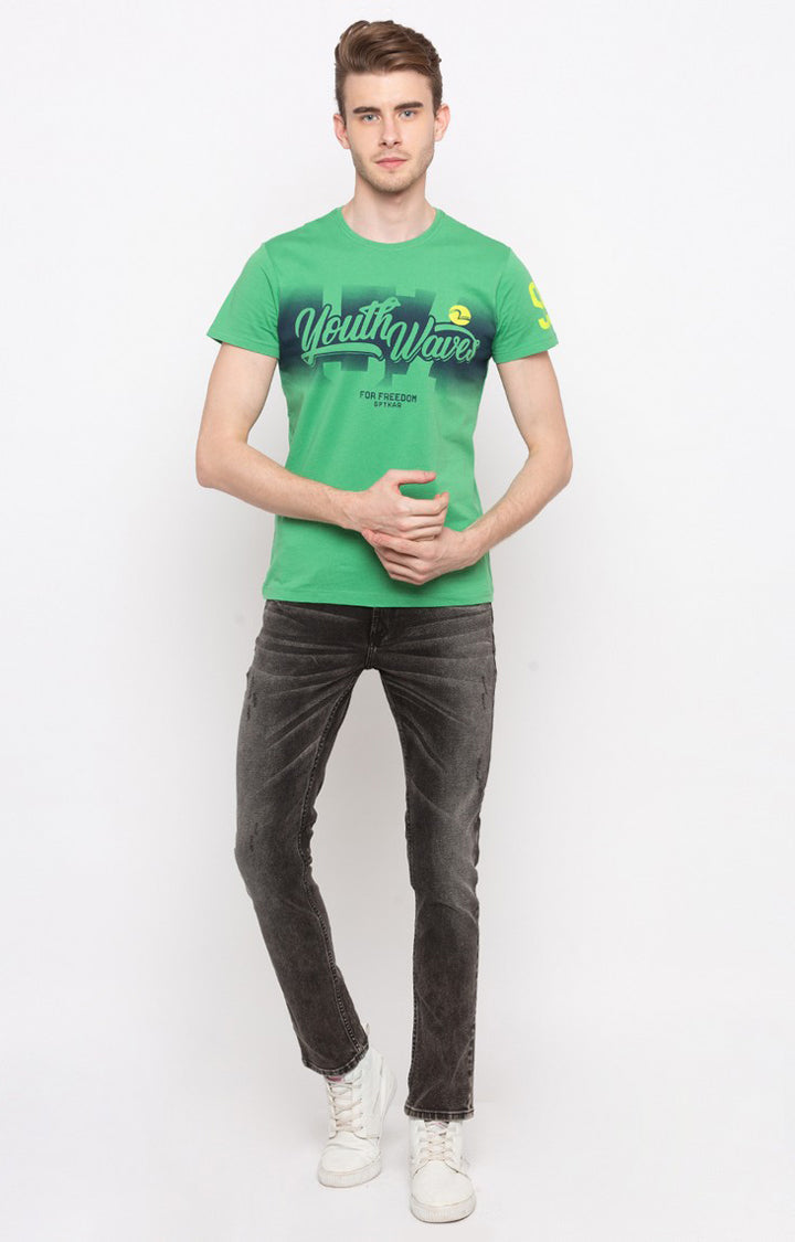 Spykar Green Printed Slim Fit Men T-Shirts