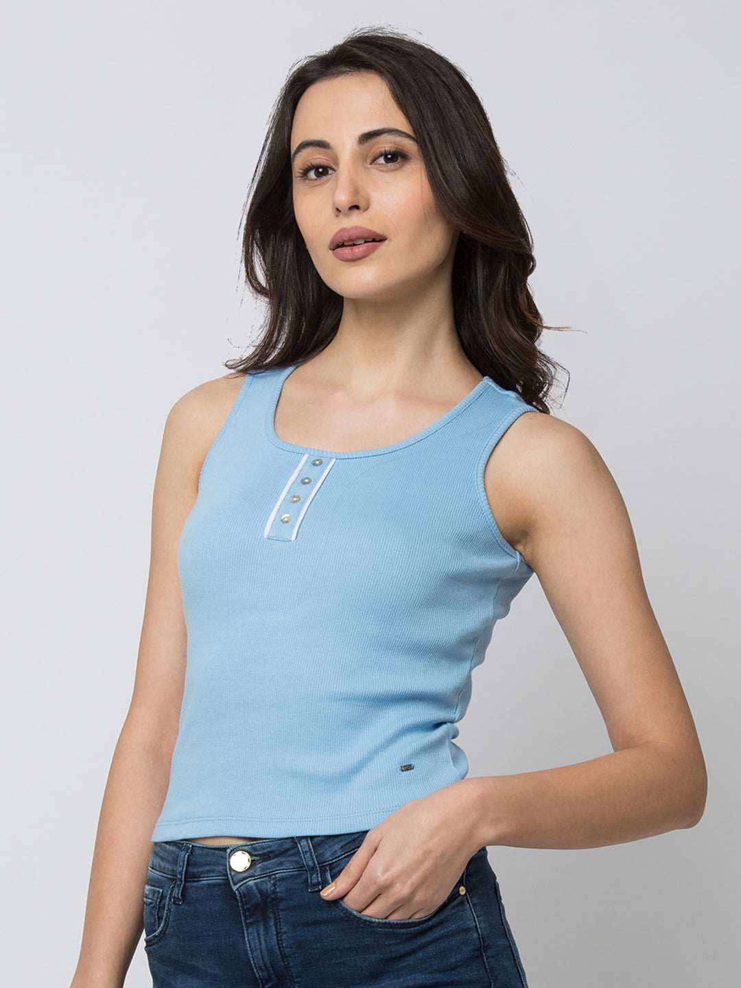 Spykar Women Blue Lycra Slim Fit Round Neck Crop T-Shirt